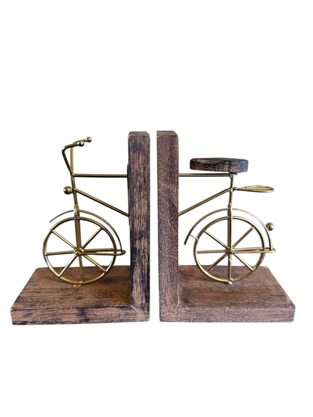 Vintage inspired Gold Metal Bicycle Bookends with Rustic Wood Base - Pair